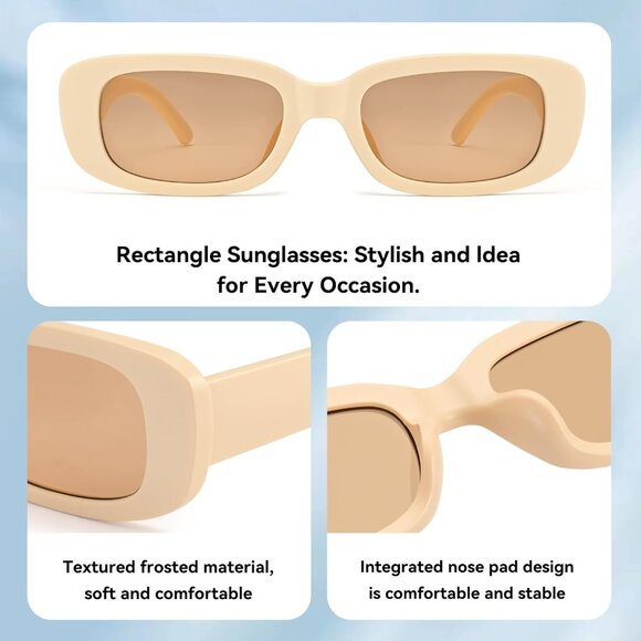 Trendy Rectangle Matte Beige Sunglasses Women Men Retro Square Fashion Shades - Picture 3 of 5